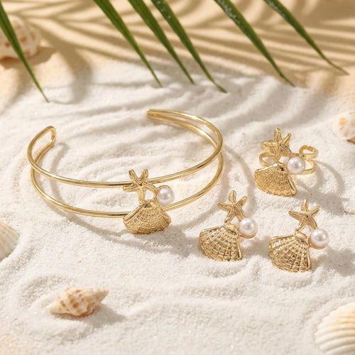Summer Beach Jewelry Set for Women Gold Color Starfish Shell Pearl Bracelet Adjustable Ring Dangle Earrings Boho Vacation Gift