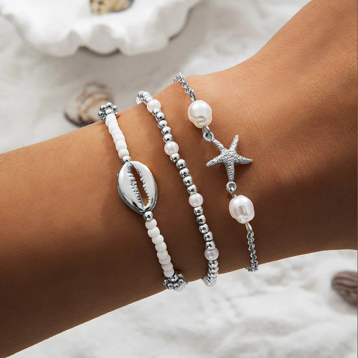 Boho Shell Bracelet Set (3 Pieces) – Starfish & Pearl Beach Jewelry