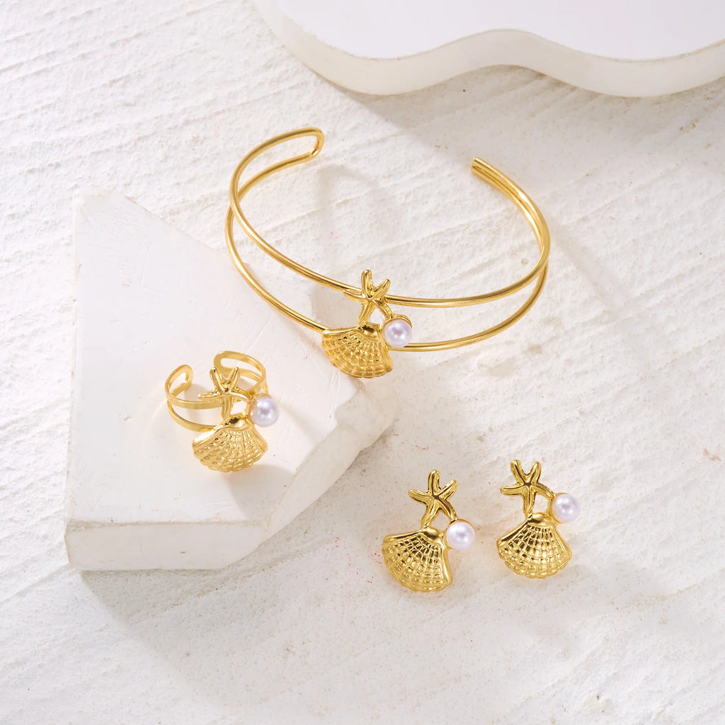 Summer Beach Jewelry Set for Women Gold Color Starfish Shell Pearl Bracelet Adjustable Ring Dangle Earrings Boho Vacation Gift