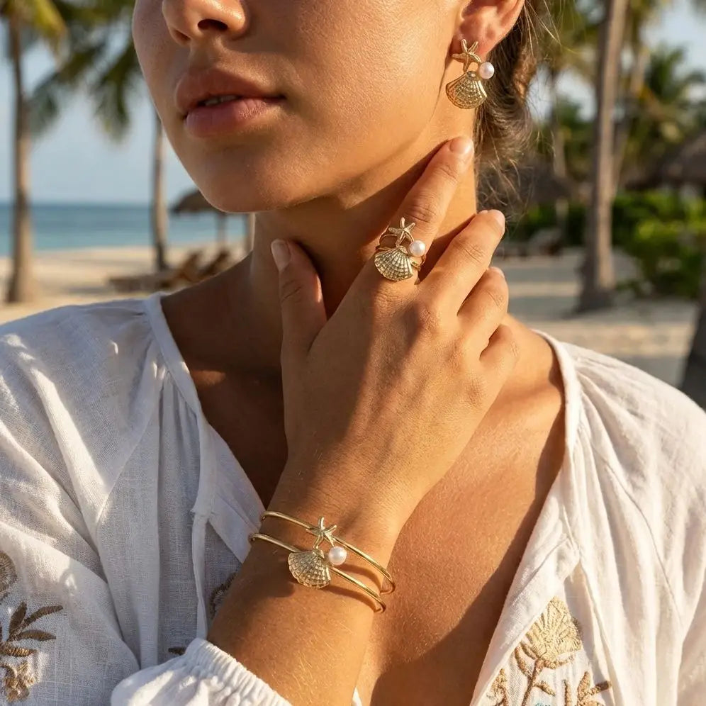 Summer Beach Jewelry Set for Women Gold Color Starfish Shell Pearl Bracelet Adjustable Ring Dangle Earrings Boho Vacation Gift
