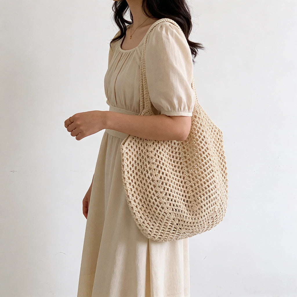 Beach Bags for Women - Women Beach Tote Bag, Summer Mesh Hollow Straw Tote Bag for Holiday Market