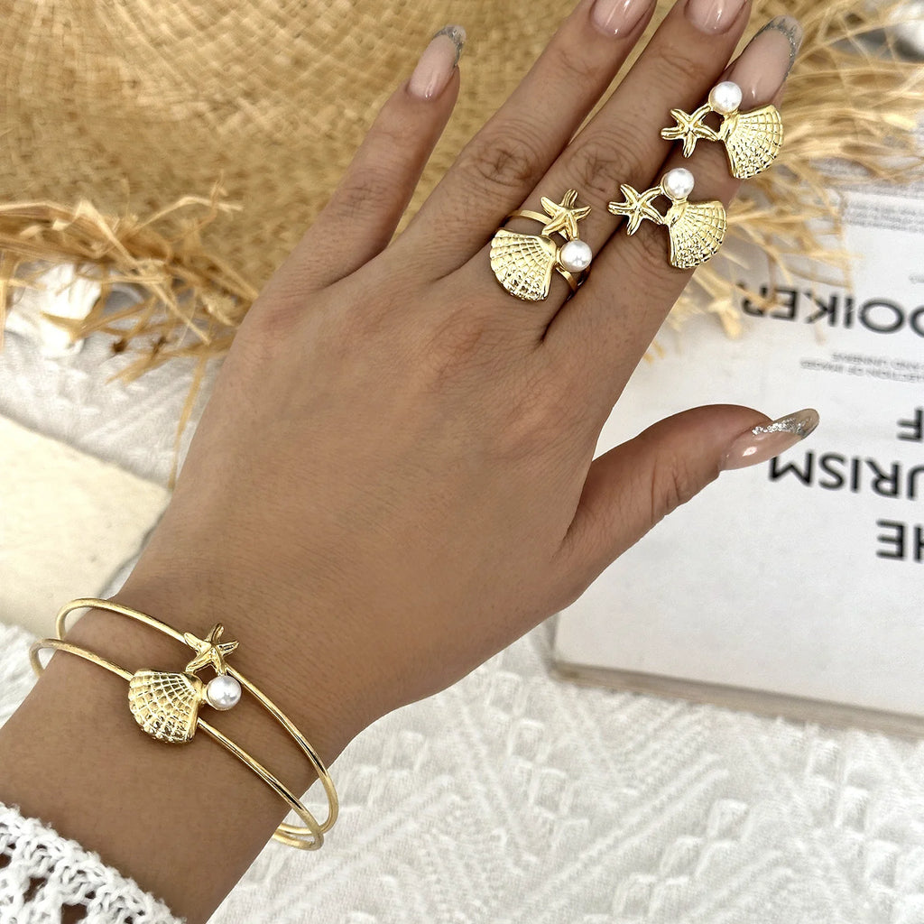 Summer Beach Jewelry Set for Women Gold Color Starfish Shell Pearl Bracelet Adjustable Ring Dangle Earrings Boho Vacation Gift