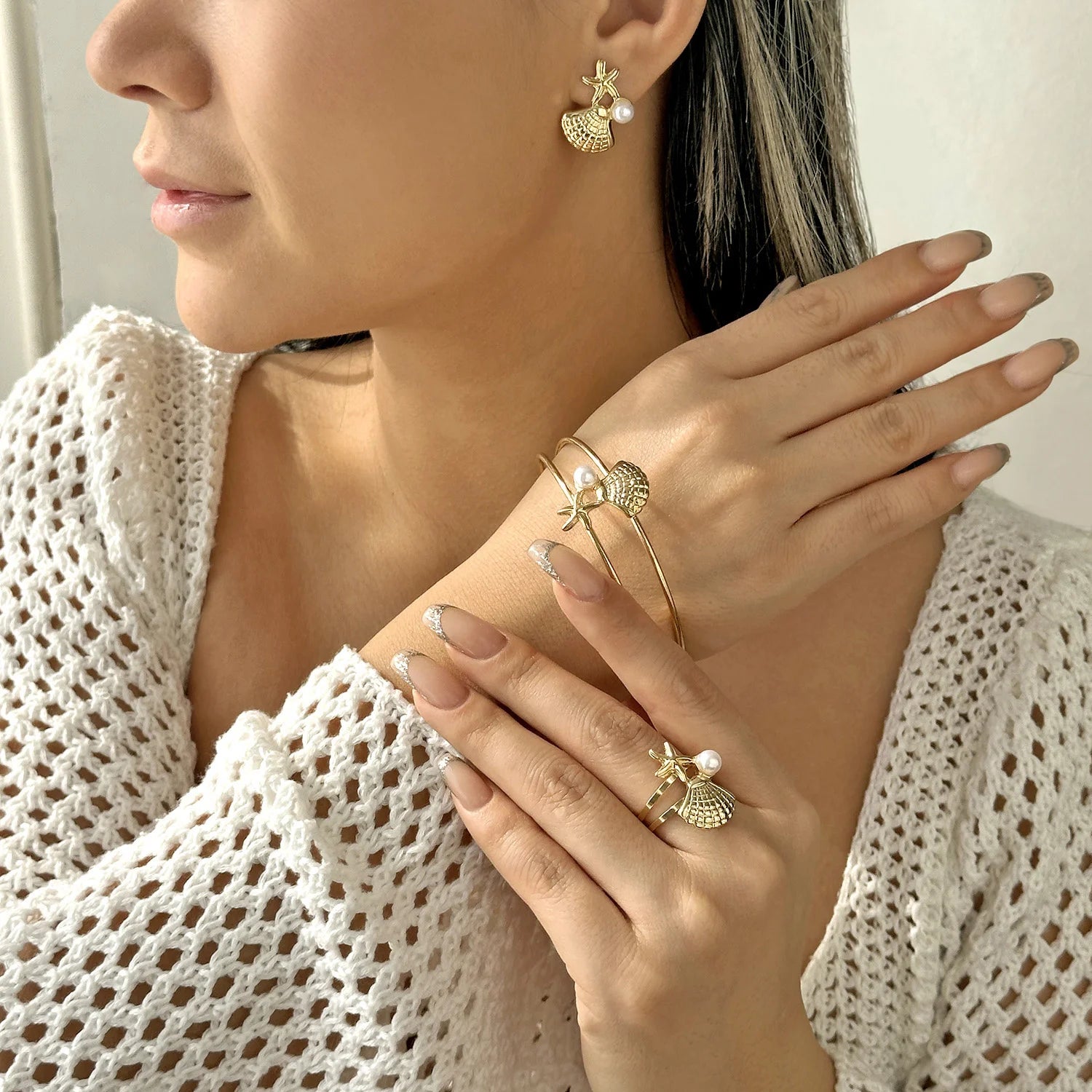 Summer Beach Jewelry Set for Women Gold Color Starfish Shell Pearl Bracelet Adjustable Ring Dangle Earrings Boho Vacation Gift